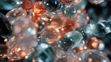 Close-up of a group of small, round objects that appear to be floating in the air. the objects are of different sizes and shapes, with some being transparent and others being transparent.