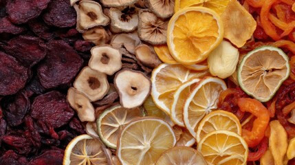 Close-up of a pile of dried fruits and vegetables. on the left side of the image, there are several slices of orange, yellow, and red fruit, which appear to be dried cranberries or raisins.