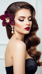 Glamorous Model with Long Brown Hair and Flawless Makeup – Wedding Style