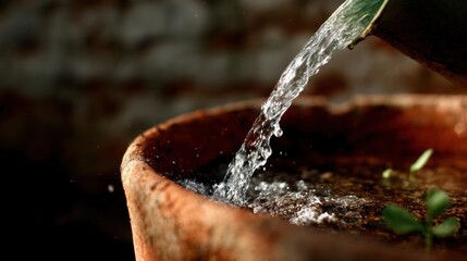 Close-up of a small potted plant with water flowing out of it. the pot is made of terracotta and appears to be old and weathered.