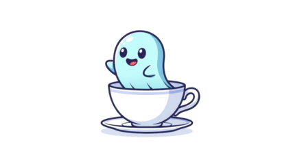 A cartoon ghost character joyfully sits in a coffee cup on a black background, perfect for Halloween or spooky themes.