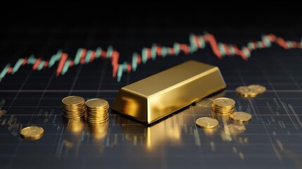 A gold bar and coins placed against a stock market candlestick chart, highlighting financial success and growth. Ideal for topics related to gold growth and investing