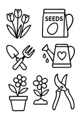  Line-style gardening icons with tools, flowers, and plant elements.