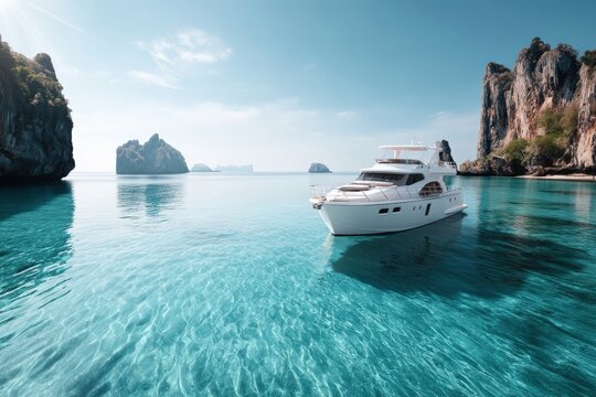 Luxurious yacht in turquoise sea amidst scenic rocky island landscape