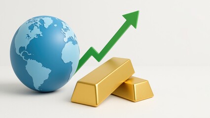 A modern aesthetic with a 3D globe and gold bars, highlighting global growth. A green upward trend line cuts across, symbolizing financial success and progress. Gold growth concept