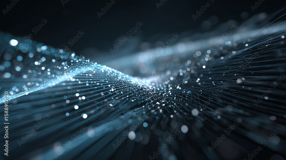 Poster abstract digital wave pattern with glowing particles creating ethereal visual effect against a dark 