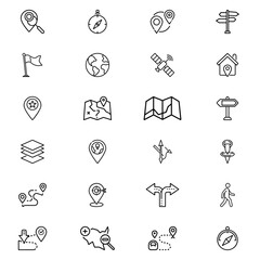 Fototapeta premium Illustration showing a set of different map location and navigation icons in a line art style format