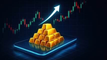 A glowing smartphone screen with stacked gold bars, symbolizing wealth and growth. A financial candlestick chart in the background highlights market movement and financial success