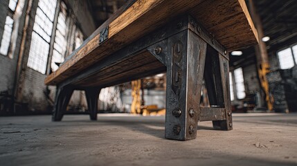 Rustic bench with metal legs in industrial setting