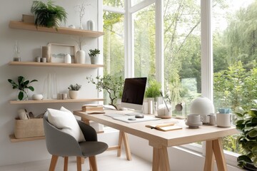 Obraz premium Modern home office with minimalist decor and large windows overlooking lush greenery