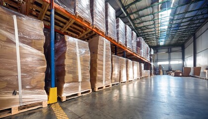 wooden pallets loaded with shrink wrapped goods arranged neatly in a large storage warehouse with high ceilings