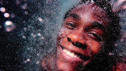 Smiling boy underwater with bubbles sunlight