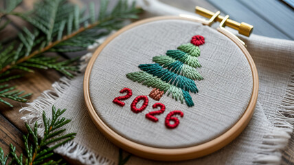 A close-up photograph of an embroidery hoop containing a Christmas-themed design on natural linen fabric.