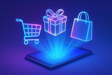 Tablet with glowing holograms of cart gift and shopping bag representing online shopping mobile commerce and digital retail experience