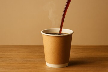 Hot coffee being poured into kraft paper cup on wooden table perfect for beverage branding takeaway ads and morning lifestyle visuals