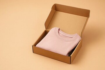 Folded pink sweatshirt in open kraft box on beige background ideal for fashion ecommerce delivery visuals and online clothing store promotions