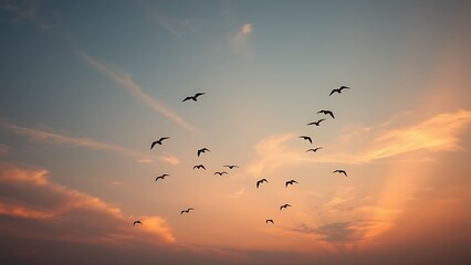 Obraz premium Peaceful sunset sky with flying birds and warm tones, evoking hope and tranquility.