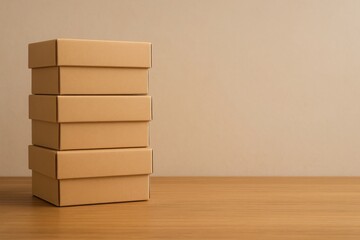 Stack of four kraft boxes on wood table symbolizing shipping packaging storage and small business logistics