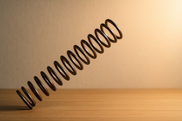 Metal coil spring on wooden table symbolizing flexibility energy mechanical resilience and business bounce back concepts