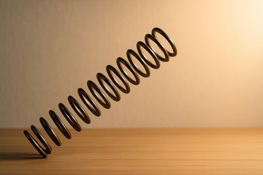 Metal coil spring on wooden table symbolizing flexibility energy mechanical resilience and business bounce back concepts