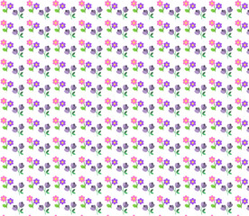 A colorful seamless floral pattern featuring cute purple and orange flowers with green stems and leaves on a light  abstract background. Vector Illustration