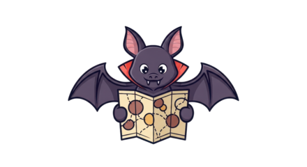 A charming cartoon bat dressed as Dracula holds an old map with a transparent background, perfect for Halloween or travel themed designs.
