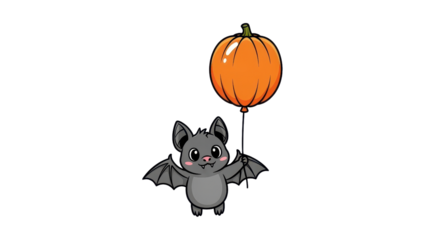 A charming cartoon bat soars playfully, holding a bright orange pumpkin balloon against a solid black background for festive Halloween designs.