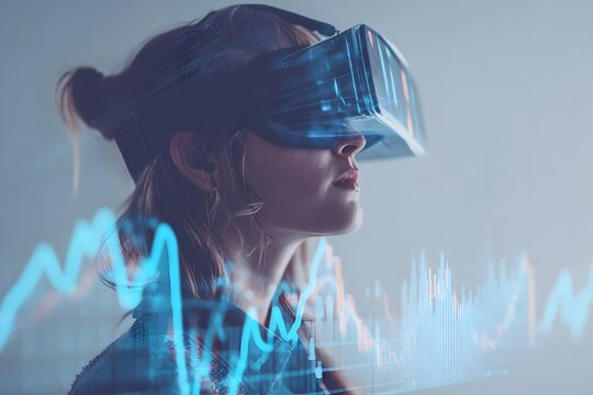 Person wearing a virtual reality headset with digital data overlays