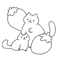 Cats and strawberry line art outline illustration vector 