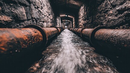 Water flowing old rusty industrial pipes