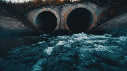 Polluted river flowing industrial sewer pipes