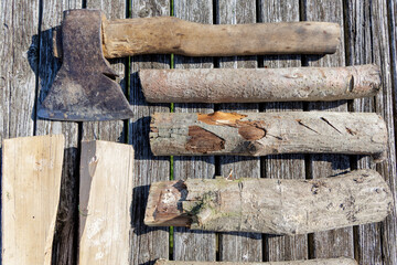 Title: Overhead View of Axe and Firewood