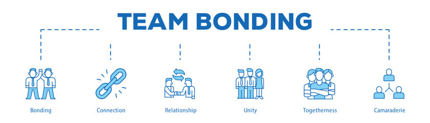 Team Bonding infographic icon bluetone flow process which consists of Bonding, Connection, Relationship, Unity, Togetherness, Camaraderie.