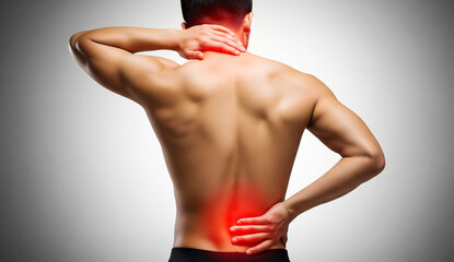Man Suffering from Neck and Lower Back Pain Medical Pain Concept