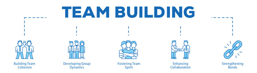 Team Building infographic icon bluetone flow process which consists of Building Team Cohesion, Developing Group Dynamics, Fostering Team Spirit, Enhancing Collaboration, Strengthening Bonds.