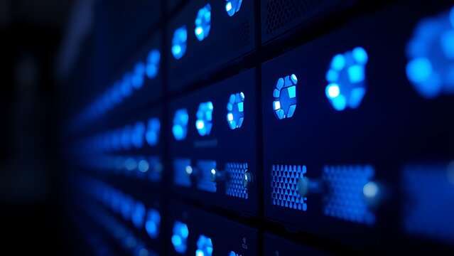 Close-up of glowing blue server rack lights creating an abstract technological pattern on a dark background.