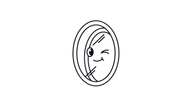 A whimsical cartoon face smiles and winks from inside an oval portal, creating a playful, graphic design element.