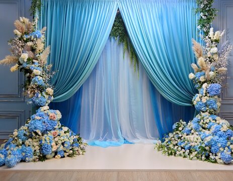 maternity backdrop wedding backdrop photography background with delicate flowers and blue courtains - Powered by Adobe