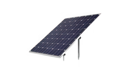 A single solar panel on a gray metal stand against a solid black background in a studio shot