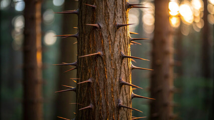 Close up of thorny tree trunk illuminated by sunlight with a blurred forest background