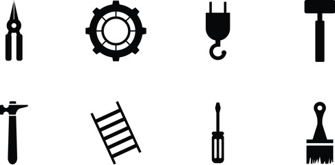 Collection of Industrial and Construction Tools Icons. Black Silhouettes for Repair, DIY, and Engineering Projects.