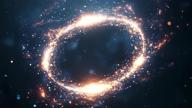 Bright circular ring of glowing stars and particles spinning in black space, representing a portal, magic, or cosmic gateway with sparkling dynamic motion