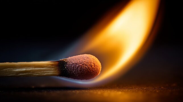 burning matchstick captured in macro with intense flame and glowing detail