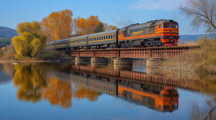 Fototapeta premium Scenic Autumn Train Crossing River