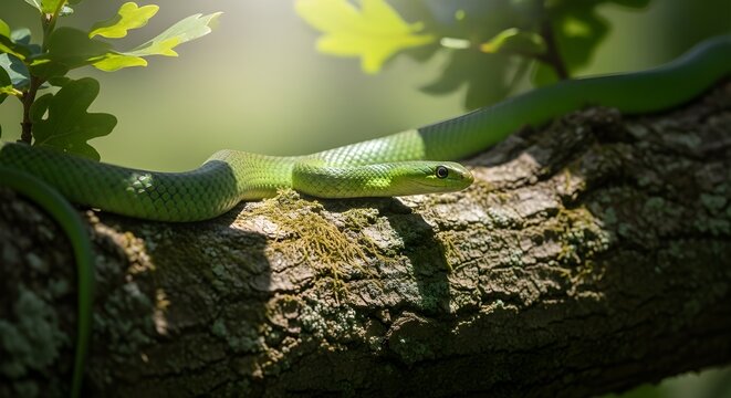 green snake in tree branch 