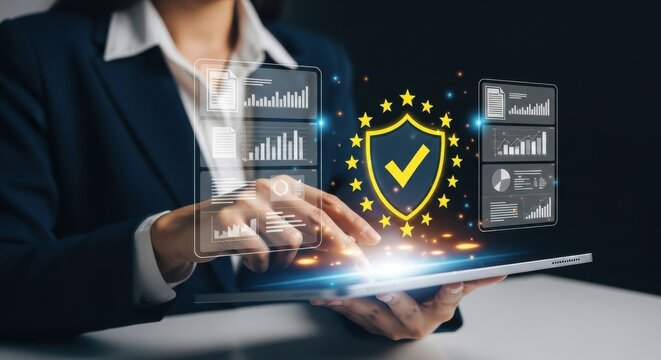 business woman touching virtual screen