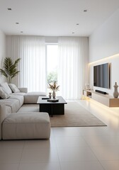 Bright, minimalist living room featuring a large sectional sofa, a black coffee table, and a television.