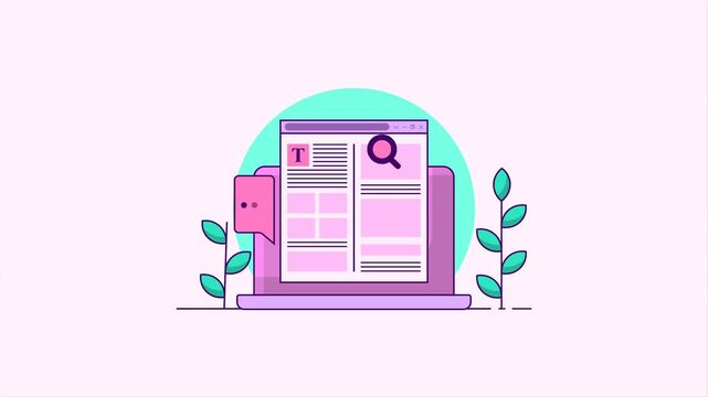 Animation video illustration of document sheet in laptop, web icon opened in laptop