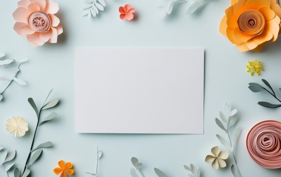 Colorful paper flowers and leaves surround a blank white card, creating an elegant frame on a soft blue background. Perfect for invitations or announcements