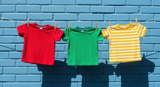 Photo of three colorful tshirts hanging on a clothesline against a blue brick wall